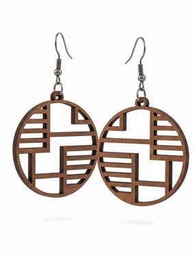 Geometric Round Wood Cutout Drop Earrings - Brown